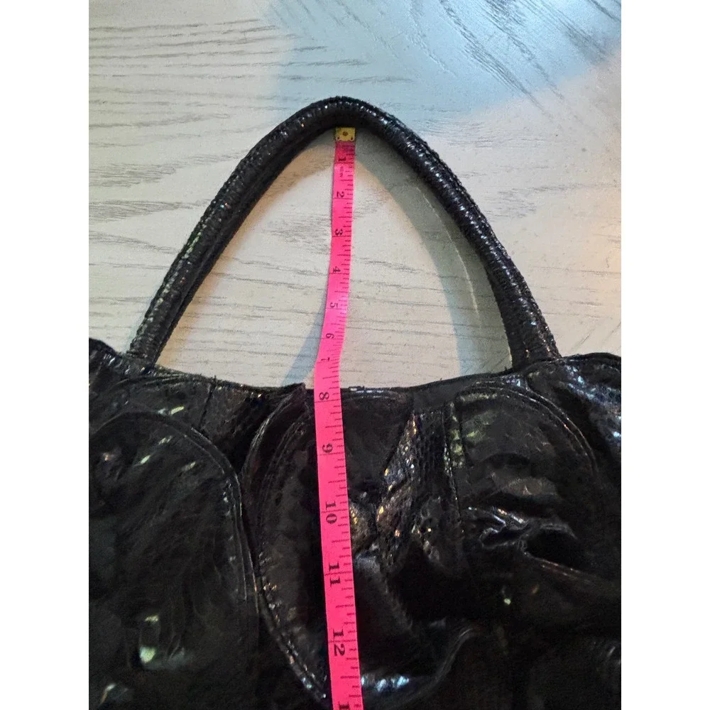 Sondra Roberts Black Faux Snakeskin Ruffle Hobo Bag Patent Tiered Petal Shoulder